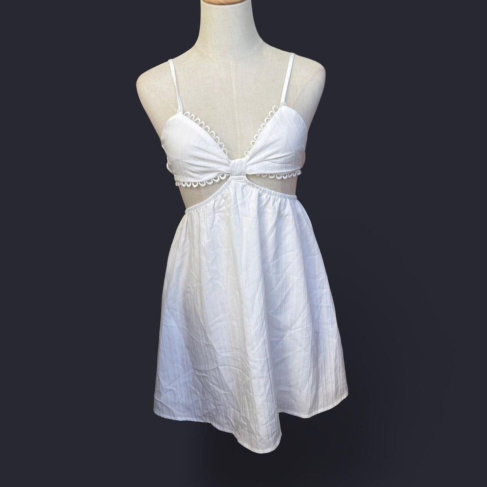 White Cutout Mini Sundress Sweetheart Neck Loop Trim Smocked Back Summer Dress